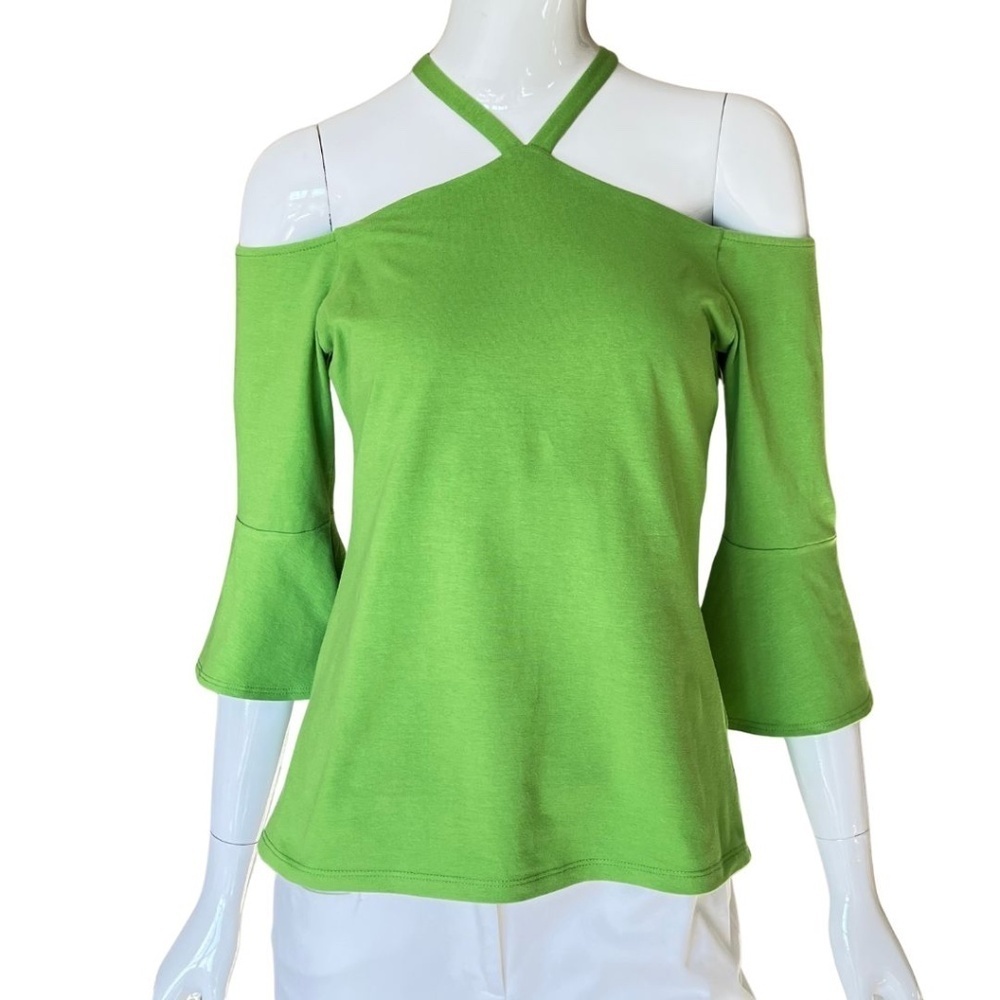 Boston Proper Off Shoulder Green Halter Top With 3/4 Length Bell Sleeve Size M
